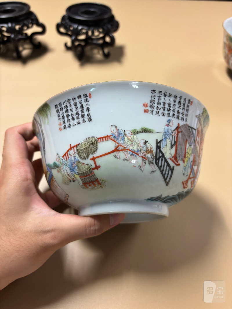清道光 粉彩耕织图大碗一对 - 图9